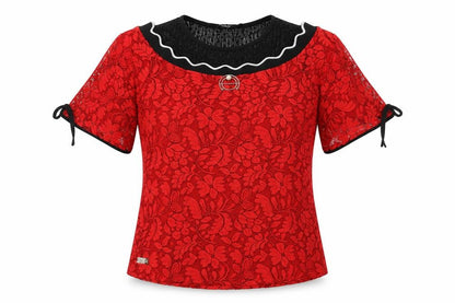 Front view of twisty women’s red floral basic t-shirt, size UK 12