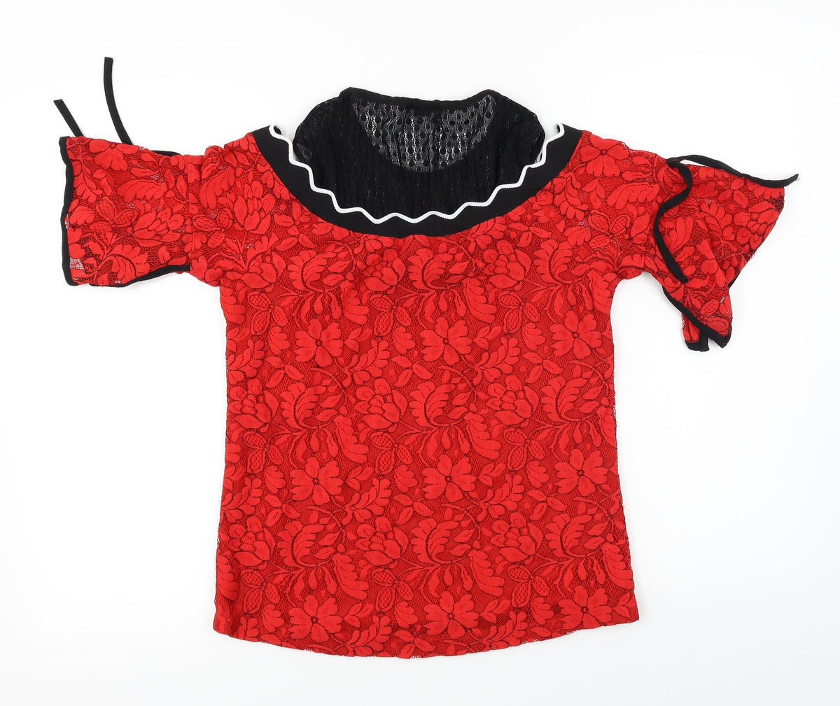 Back view of twisty women’s red floral basic t-shirt, size UK 12