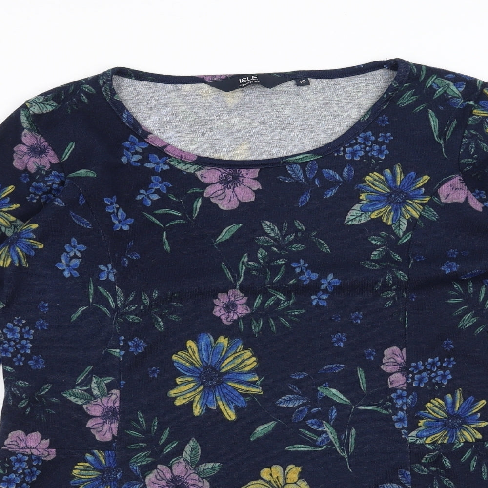Close-up detail of ISLE women’s blue floral jumper, size UK 10