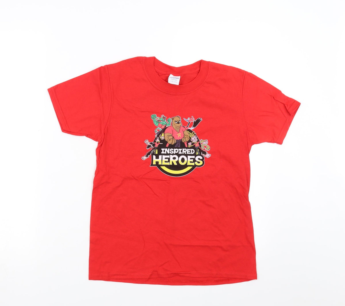 Front view of Gildan boys’ red basic t-shirt, size L, - inspired heroes