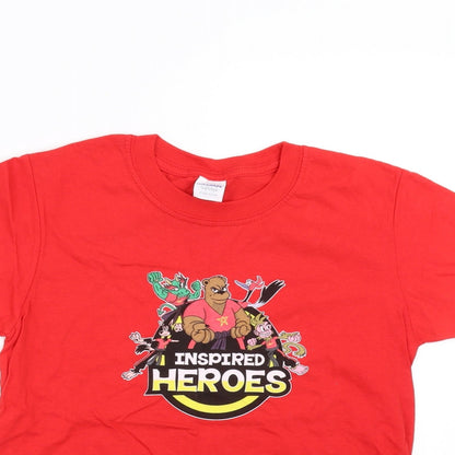 Close-up detail of Gildan boys’ red basic t-shirt, size L, - inspired heroes