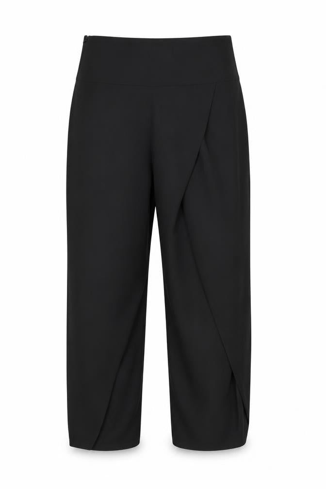 Front view of Preworn women’s black trousers, size UK 30, in, 26-inch leg
