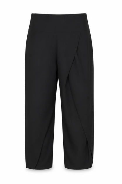 Front view of Preworn women’s black trousers, size UK 30, in, 26-inch leg