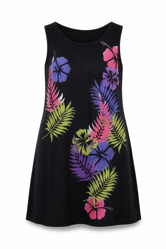 Front view of Denim & Co. women’s black floral fit & flare, size UK 8