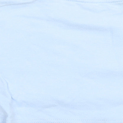 Brand and care label for Tu boys’ blue basic t-shirt, size 0-3, months