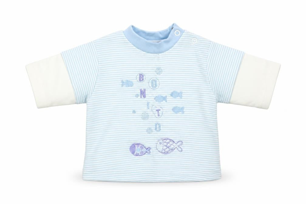 Front view of Teddy boys’ blue striped basic t-shirt, size 0-3, months