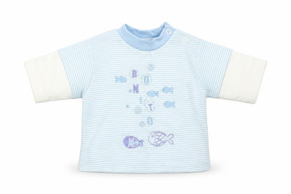 Front view of Teddy boys’ blue striped basic t-shirt, size 0-3, months