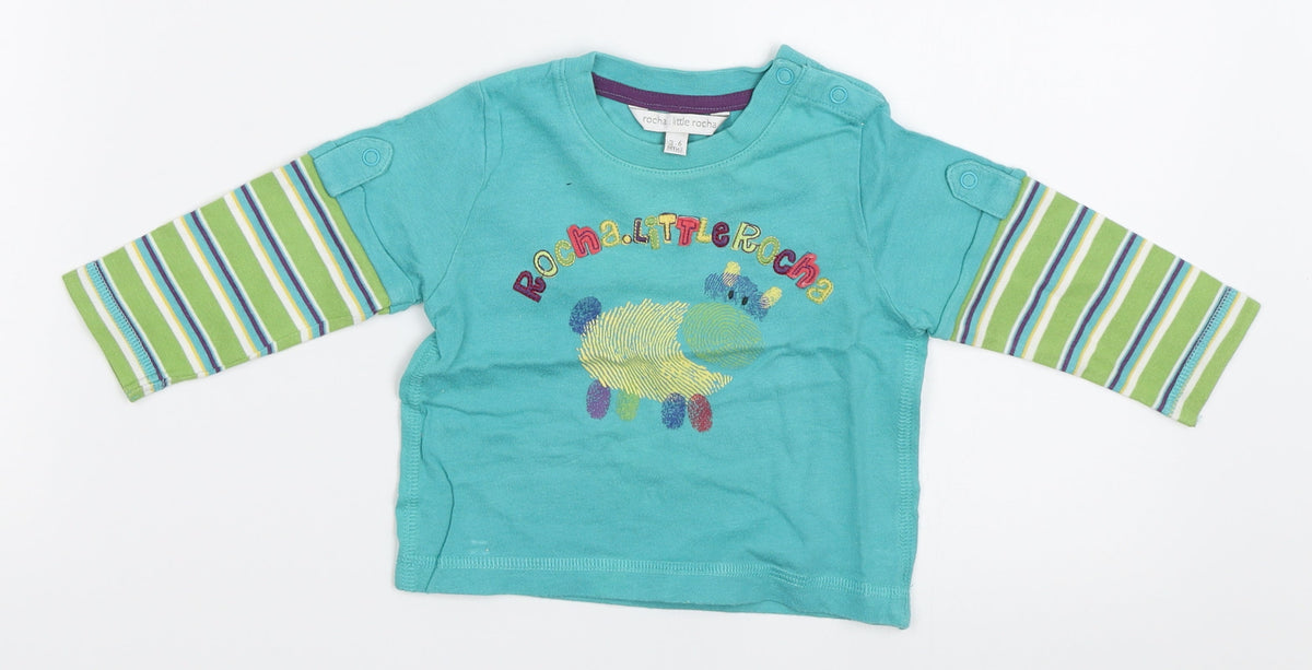 Front view of Rocha Little Rocha boys’ green basic t-shirt, size 3-6, months