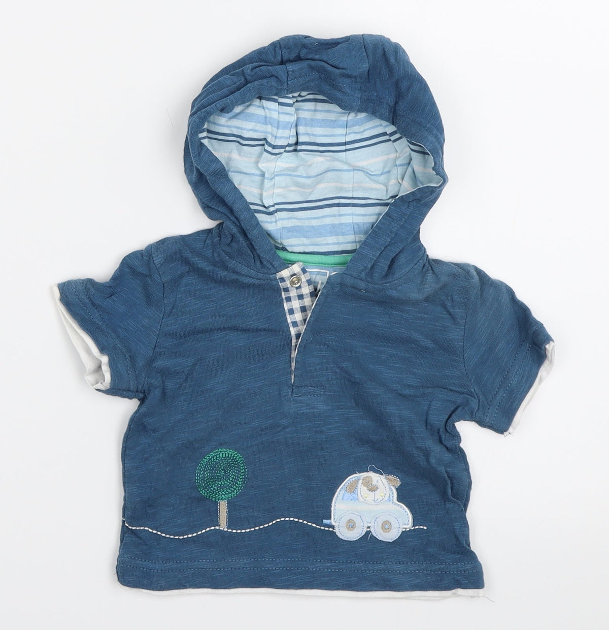 Front view of TU boys’ blue basic t-shirt, size 3-6, months