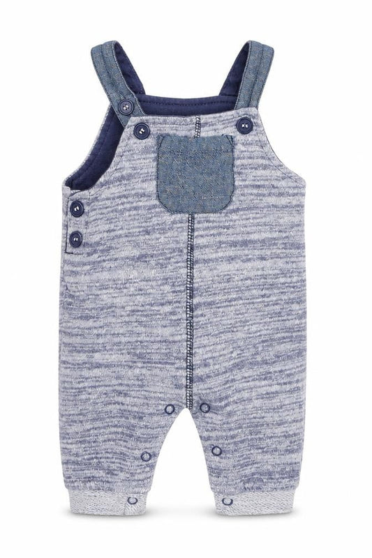 Front view of Tu boys’ blue dungaree one-piece, size 0-3, months
