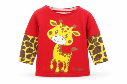 Front view of Kool Kids boys’ red animal print basic t-shirt, size 9-12, months - giraffe