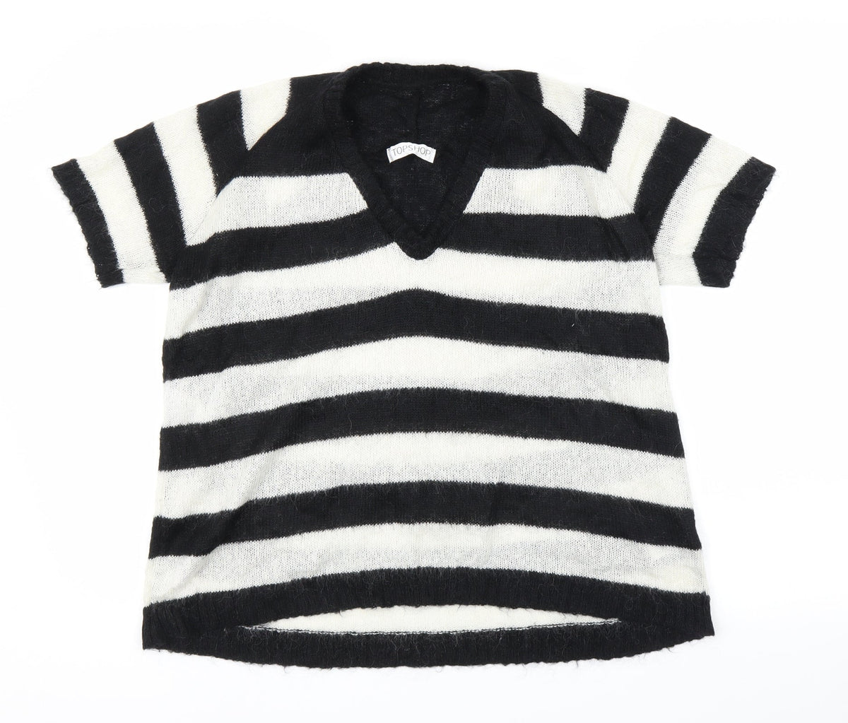 Front view of Topshop women’s black striped jumper, size UK 10