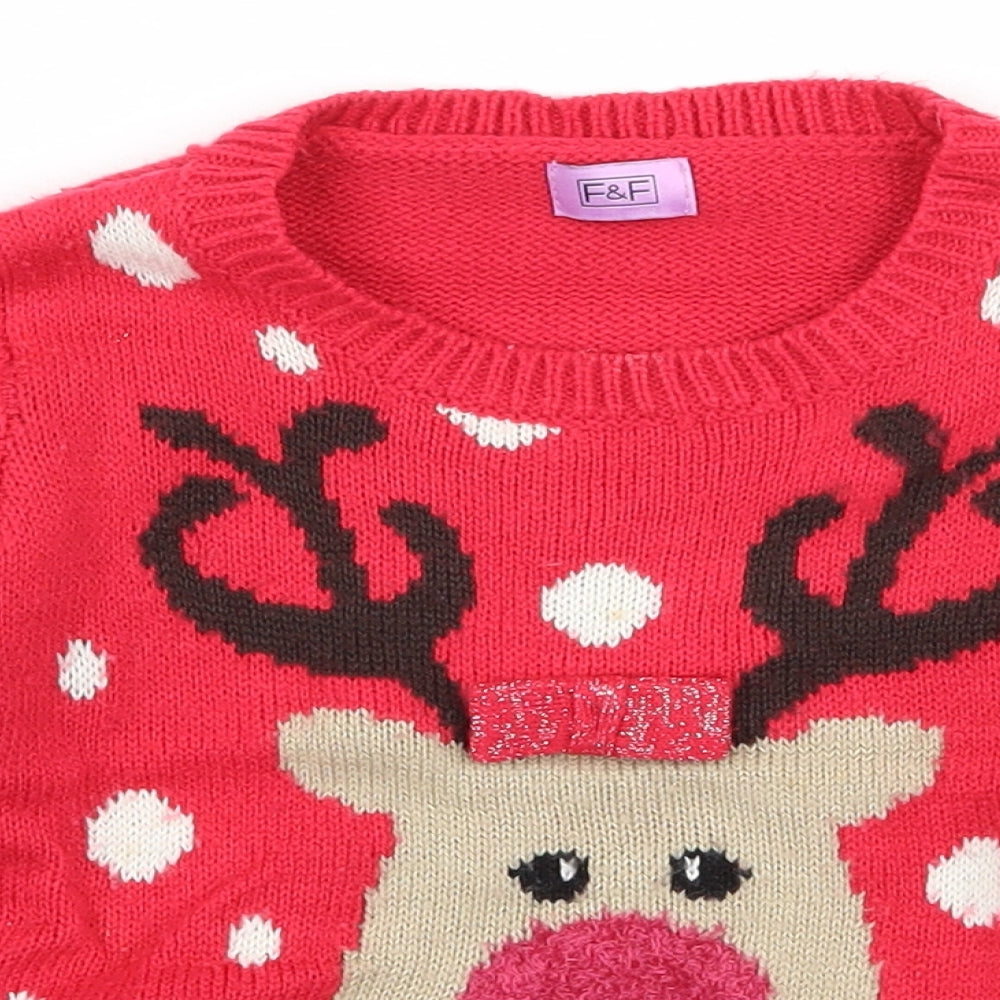 F&F Girls Pink  Knit Pullover Jumper Size 2-3 Years  - Rudolph