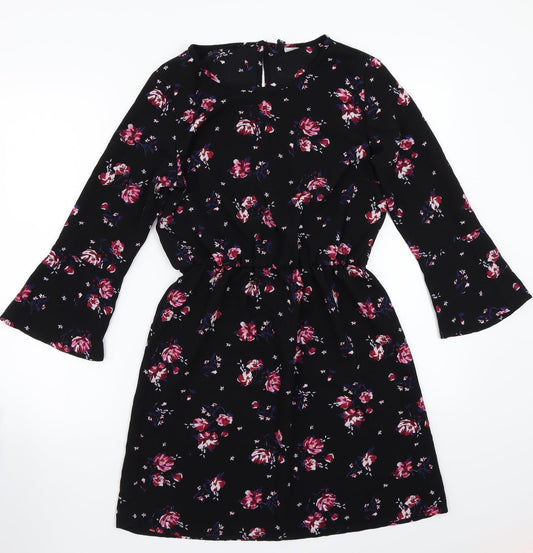 H&M Womens Black Floral Rayon A-Line  Size 4