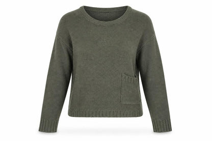 Front view of Internationale women’s green jumper, size UK 14