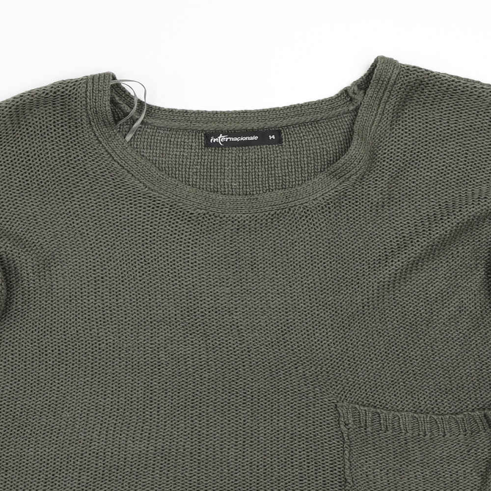 Close-up detail of Internationale women’s green jumper, size UK 14