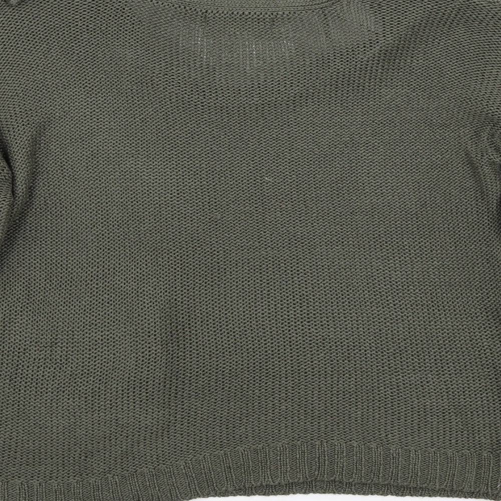Brand and care label for Internationale women’s green jumper, size UK 14