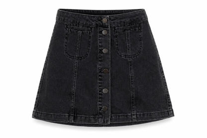 Front view of Topshop women’s black a-line skirt, size UK 25, in
