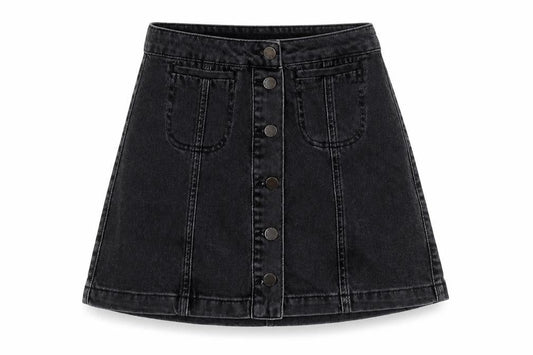 Front view of Topshop women’s black a-line skirt, size UK 25, in