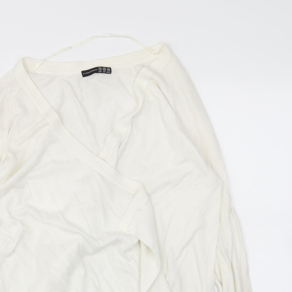 Close-up detail of Atmosphere women’s white wrap jumper, size UK 12