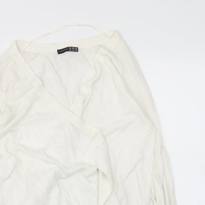 Close-up detail of Atmosphere women’s white wrap jumper, size UK 12