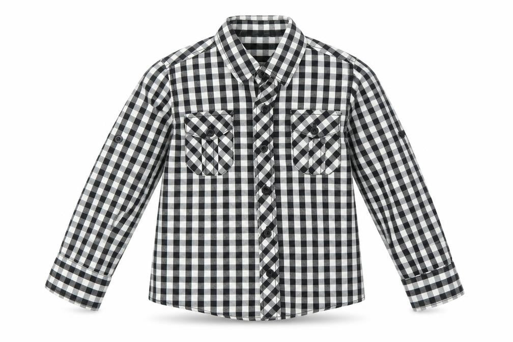 Front view of St Bernard boys’ black check basic button-up, size 4, years