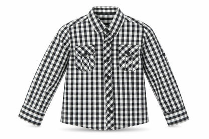 Front view of St Bernard boys’ black check basic button-up, size 4, years