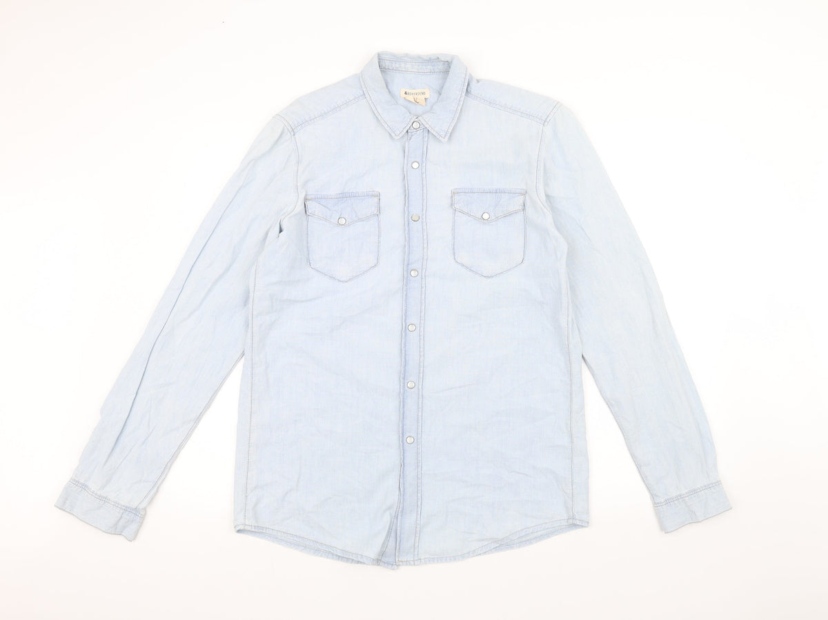 Front view of boyfriend women’s blue denim jacket, size UK 8