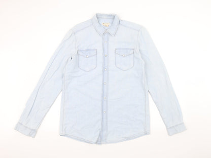Front view of boyfriend women’s blue denim jacket, size UK 8