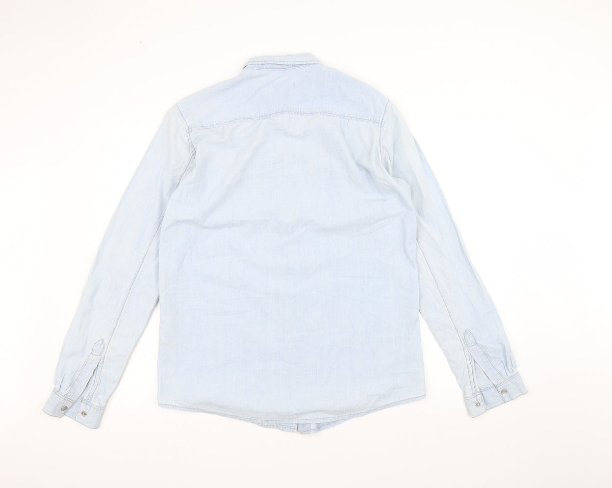 Back view of boyfriend women’s blue denim jacket, size UK 8