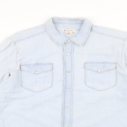 Close-up detail of boyfriend women’s blue denim jacket, size UK 8