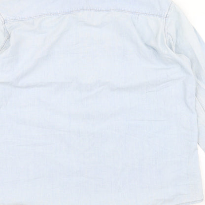 Brand and care label for boyfriend women’s blue denim jacket, size UK 8