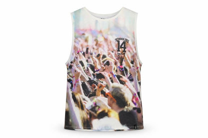 Front view of factory women’s white basic tank, size S