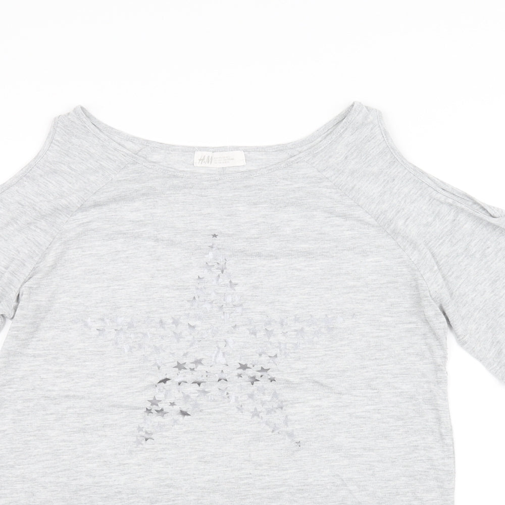 Close-up detail of H&M girls’ grey basic t-shirt, size 14, years