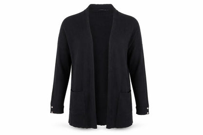 Front view of Select women’s black rayon cardigan jumper, size UK 14