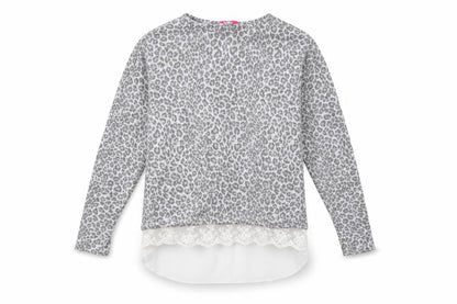 Front view of YD girls’ grey animal print jumper, size 12-13, years