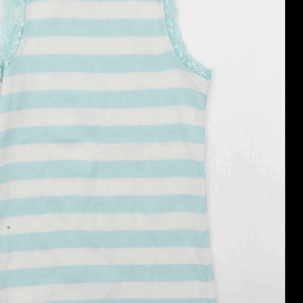 Brand and care label for George girls’ blue striped basic tank, size 11-12, years