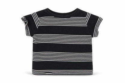 Front view of Rebel boys’ black striped basic t-shirt, size 18-24, months