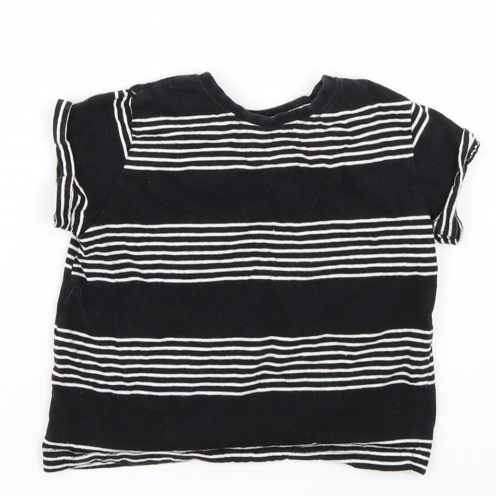 Brand and care label for Rebel boys’ black striped basic t-shirt, size 18-24, months
