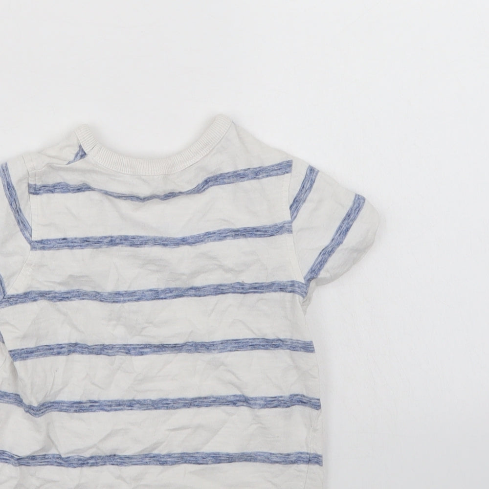 Brand and care label for George boys’ white striped basic t-shirt, size 3-4, years