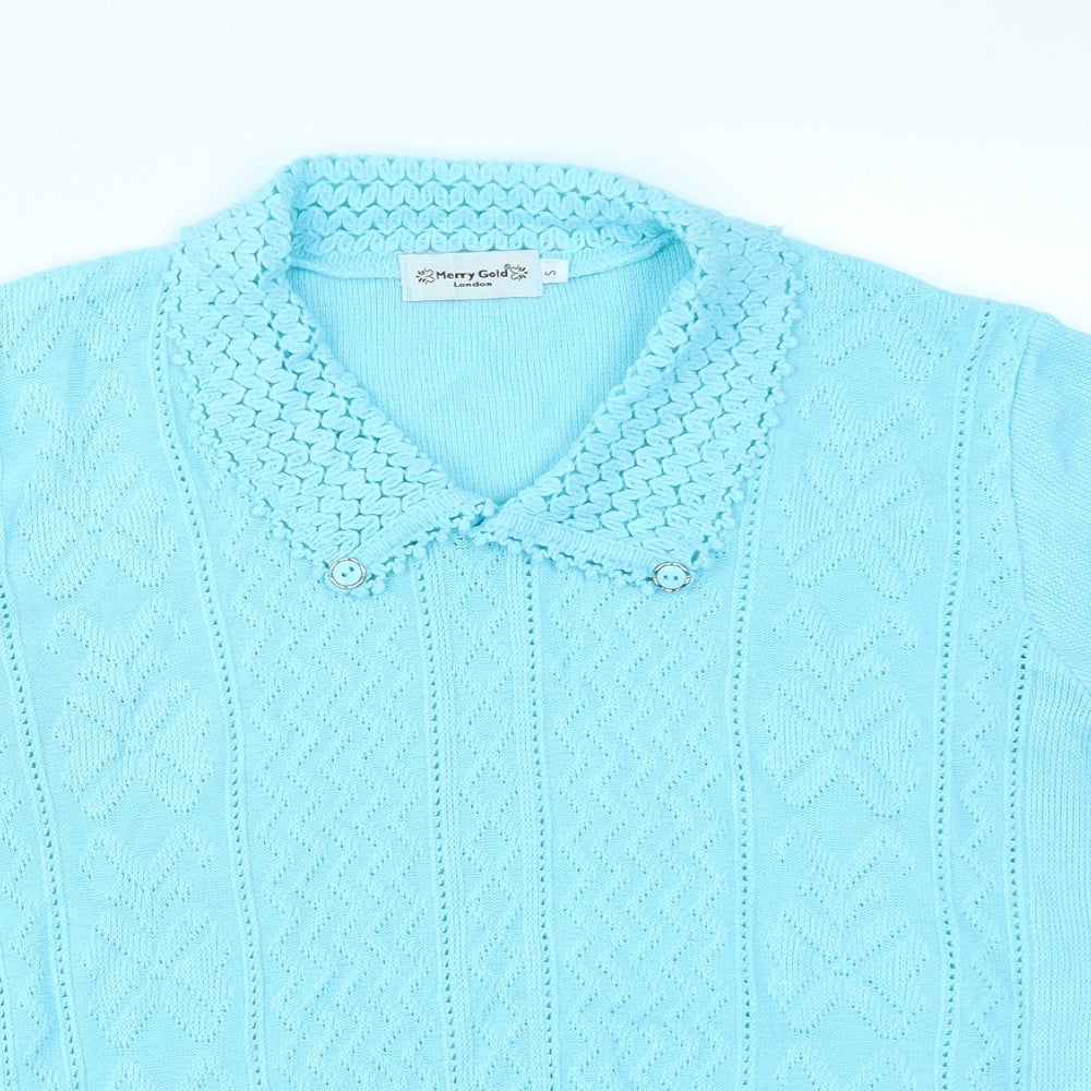 Close-up detail of Merry Gold women’s blue knit jumper, size S