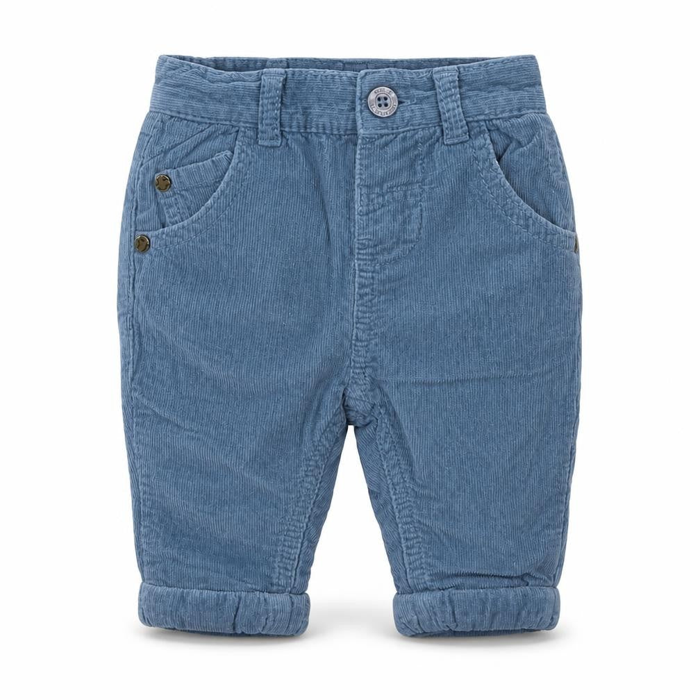 Front view of Holly Willoughby boys’ blue cargo trousers, size 0-3, months