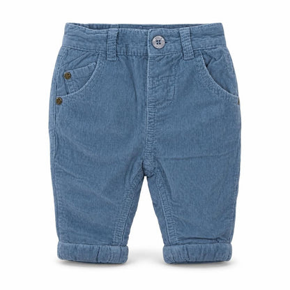 Front view of Holly Willoughby boys’ blue cargo trousers, size 0-3, months