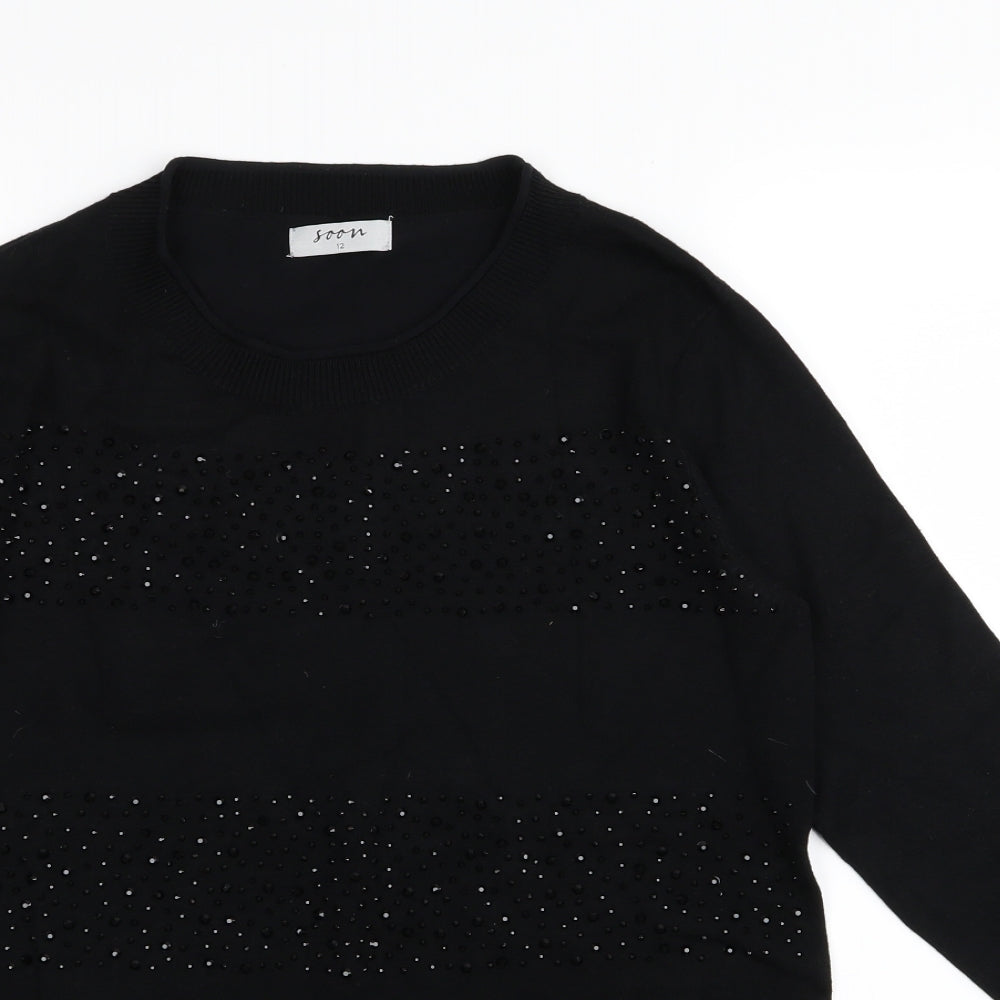 Close-up detail of Soon women’s black jumper, size UK 12