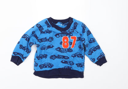 Front view of Nutmeg boys’ blue geometric jumper, size 6-9, months
