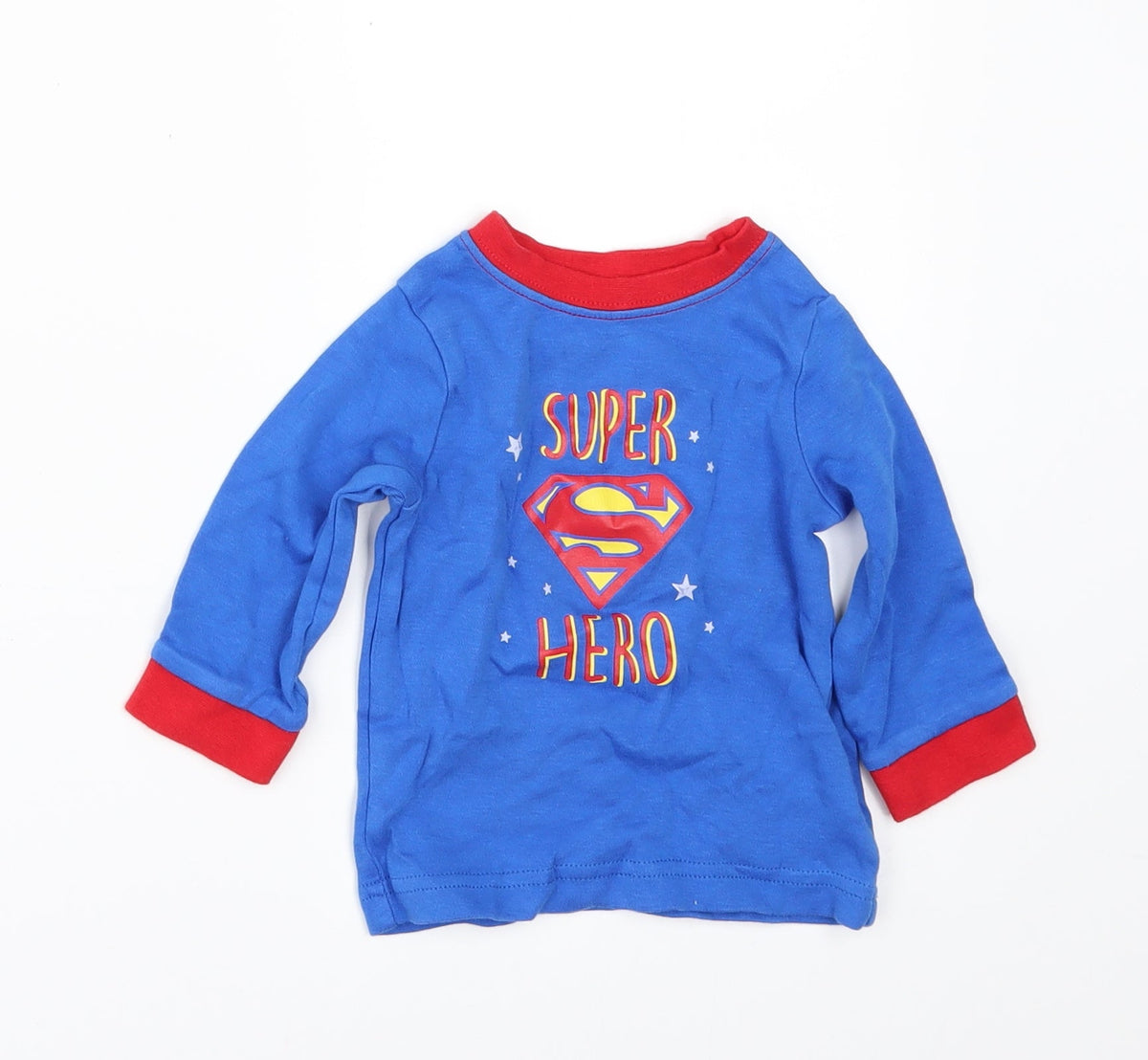Front view of George boys’ blue basic t-shirt, size 6-9, months - super hero