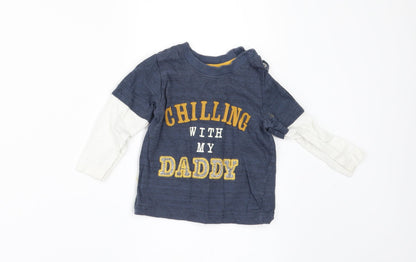 Additional front view of Nutmeg boys’ blue basic t-shirt, size 6-9, months - chilling with my daddy