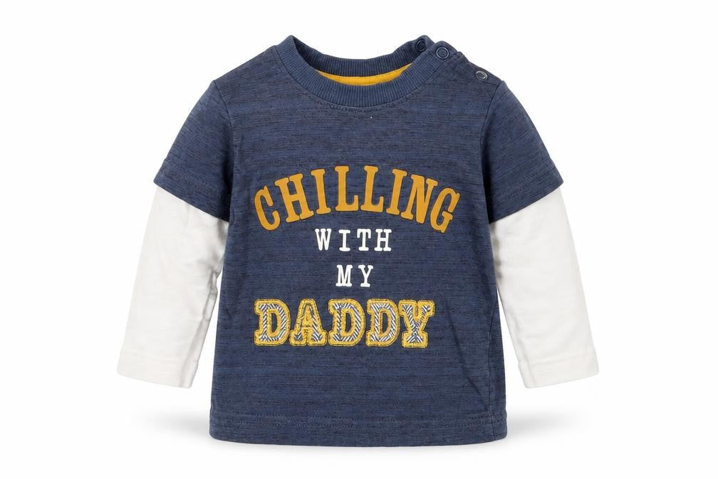 Front view of Nutmeg boys’ blue basic t-shirt, size 6-9, months - chilling with my daddy