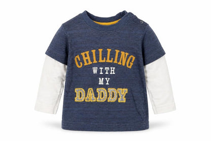 Front view of Nutmeg boys’ blue basic t-shirt, size 6-9, months - chilling with my daddy