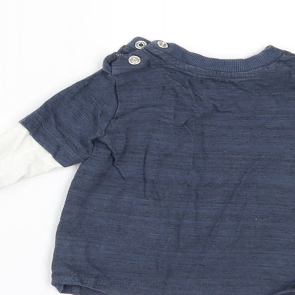 Brand and care label for Nutmeg boys’ blue basic t-shirt, size 6-9, months - chilling with my daddy